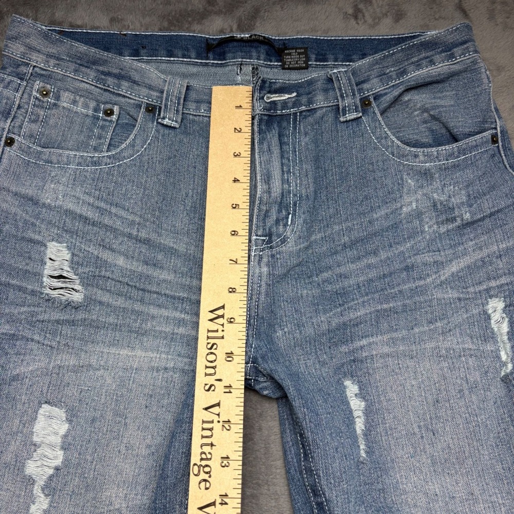 EJ Black‎ Jeans Mens 34 Light Wash Cross Embroidered Distressed Straight Leg Y2K - Picture 7 of 11